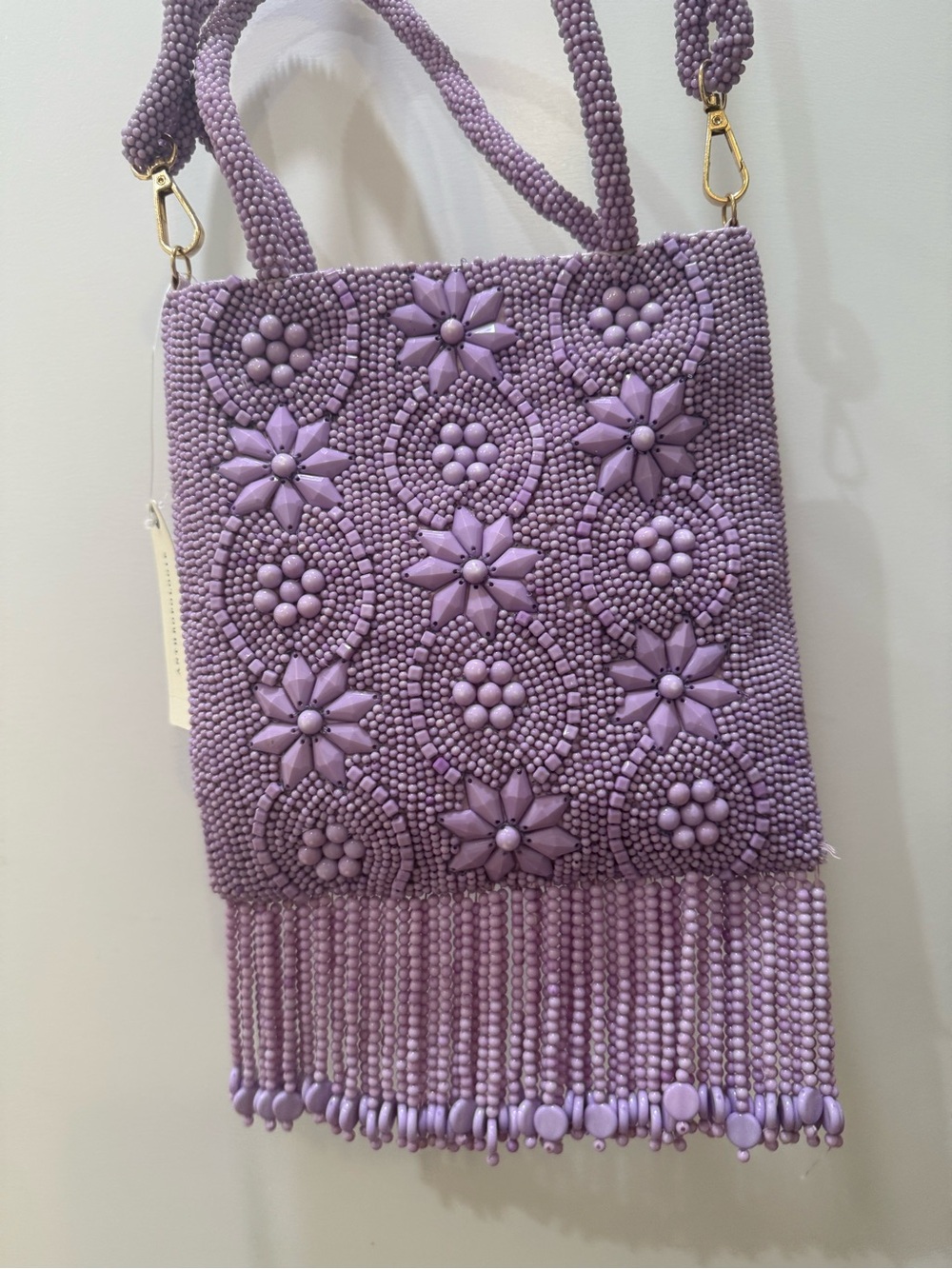 NWT Anthropologie Lilac Beaded Floral Mini Tote with Fringe lavender purple - Picture 7 of 13